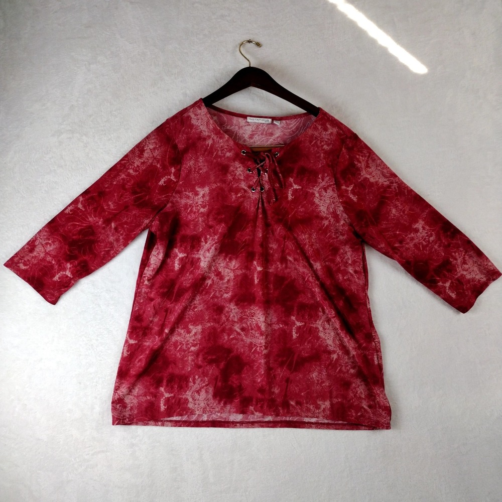 Notations Petite Red Tie Dye Lace Up V-Neck 3/4 Sleeve Blouse PXL PNKU2248R